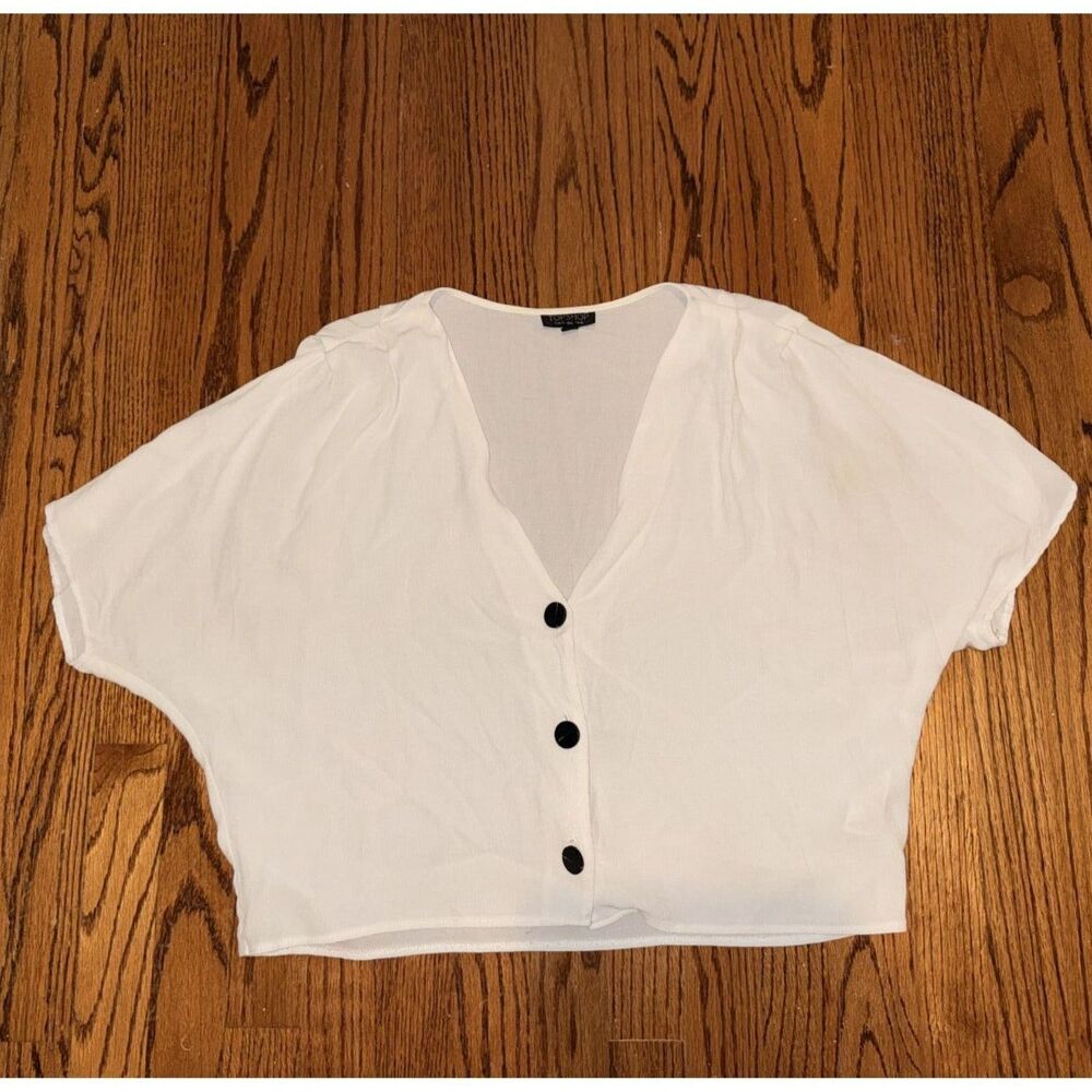 Topshop Ivory Cropped Button Front V-Neck Blouse Black Buttons US 6